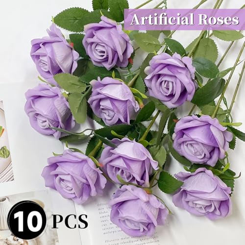 10 PCS Artificial Roses with Long Stems Silk Flowers Realistic Foam Flowers Fake Roses for Valentine's Day Home Wedding Halloween Decor(Light Purple) - color: Light Purple