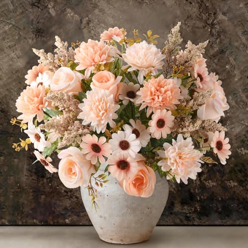 Artificial Fake Flowers for Spring Decoration, 4 Pcs Faux Silk Flower Arrangements Centerpiece for table with Chrysanthemum Rose Daisy Floral Bouquets Office Wedding Patio Porch Indoor Home Decor - color: Champagne Color