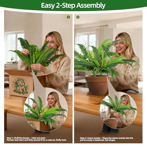 Fake Ferns, 4 Bundles Faux Fern Plants , Large Artificial Boston Fern Greenery for Outdoor Planters, Porch, Garden, Home & Office Decoration (4, Green)
