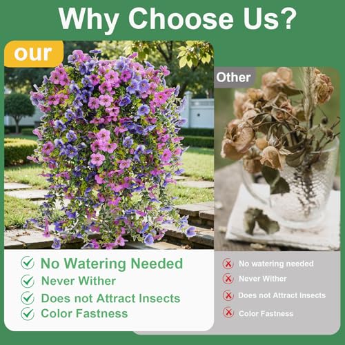 6 Bundles Artificial Flowers for Outdoors, UV Resistant Fake Hanging Flower, Realistic Silk Flowers for Indoor Outside Garden Patio Balcony Farmhouse Porch (Blue, Purple) - color: Blue&purple