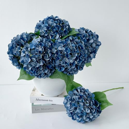 ZYTUYO 5 Pcs Dark Blue Silk Hydrangeas Artificial Flower Boho Dried Touch 20'' Faux Hydrangeas for Fall Indoor Home Decor Kitchen Living Room Outdoor Porch Wedding Flower Arrangement - color: Dark Blue