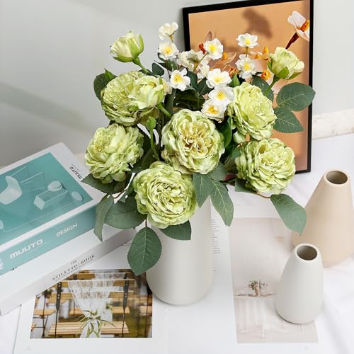 Fake Flowers in Vase, 16 Inch Silk Flower Arrangements with Ceramic Vase Artificial Rose Peony for Home Office Kitchen Bathroom Indoor Decor - Sage Green - color: Sage Green