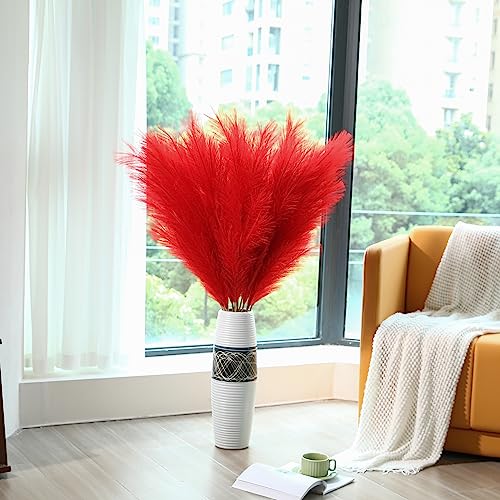 Wertuirk Red Pampas Grass Decor - 45-Inch Set of 8 | Artificial Large Pampas Grass Soft and Fluffy | Long Faux Flower | Perfect for Wedding Centerpieces, Farmhouse, Living Room Decor - color: Red
