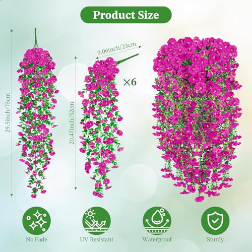 Artificial Hanging Flowers for Outdoors, 6Pcs UV Resistant Morning Glory Fake Flowers Outdoors Decorations, Realistic Silk Faux Hanging Plants Decor for Outside Planter Porch Patio (Lotus Color) - color: Lotus Color
