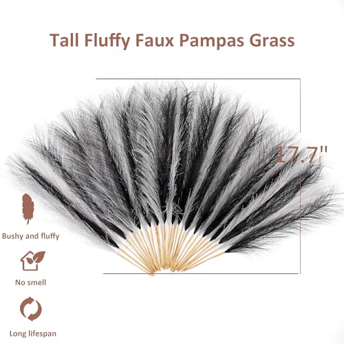 Black and Gray Pampas Grass Decor, 30 Pcs 17" Faux Pampas Grass Short Decor, Pompas Grass Flower Arrangement and Vase Filler for Boho Home Wedding Decoration - color: Black & Gray, size: 17'' Tall