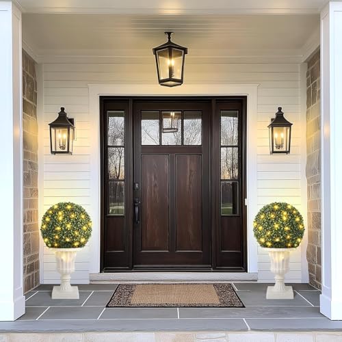 IDEALHOUSE 24 Inch Outdoor Artificial Trees with Lights, 2-Pack Pre-Lit Topiary with Remote & Timer, UV Resistant Faux Plants in Vintage Urn Pot for Porch, Patio, Home Decor, White Base - color: White Base