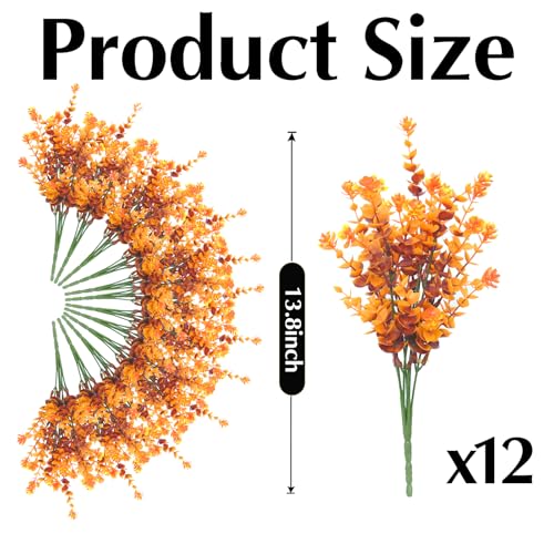 Artificial Mums for Outdoors, 12 Bundles Faux Mums for Fall Planters,Uv Resistant Eucalyptus Artificial Fake Flowers Plants, Realistic Fall Decor for Porch, Patio, Yard (Fall Stems) - color: Yellowleaf
