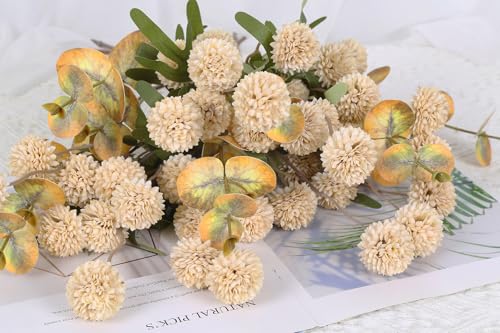 8 Stems Faux Kiku Flower with 3 Branches Eucalyptus Stems,Beige Fake Chrysanthemum Flowers Artificial Silk Pom Pom Balls for Wedding Bouquet Home Office Party Floral Arrangements(Beige) - color: Beige