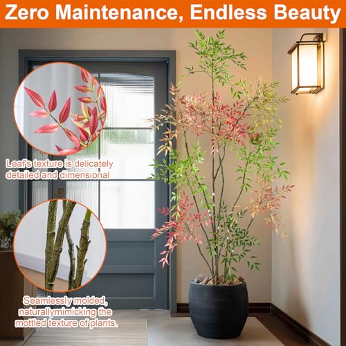 7.2ft Faux Bamboo Tree Artificial Nandina Tree Artificial Indoor Plants Realistic Fake Potted Tree with 800+ Leaves, Cement Planter - Home Office Decor Perfect for Housewarming Gift Non-Toxic - color: Mixcolor, size: 7ft 2in