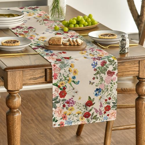 Artoid Mode Plants Floral Butterfly Valentine's Day Table Runner, Anniversary Wedding Kitchen Dining Table Decoration for Home Party Decor 13x72 Inch - size: 13" x 72", Table Runner