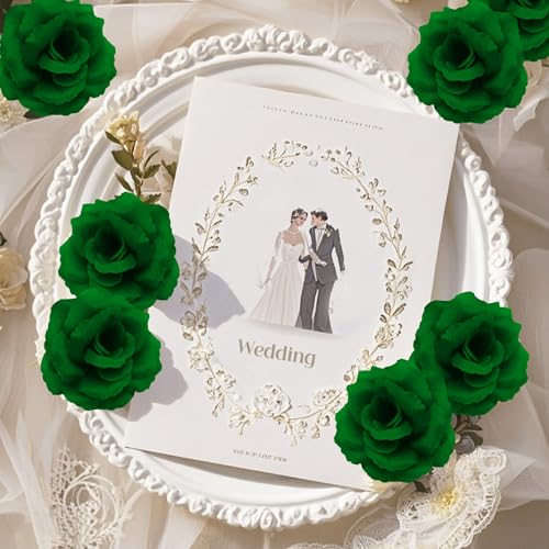 Rose Artificial Flowers, 50Pcs White Roses Head Flowers Bulk with Stem, 3 Inches Silk Rose Fake Flower Head for Wedding Party Home Decor DIY Baby Shower Centerpieces Tables Decoration (Dark Green) - color: Dark Green