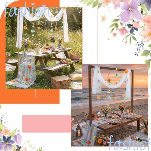 6 Pcs 35.4 Inch Artificial Pastel Flower Garlands with 3 Pcs 10 Ft Wedding Tulle Table Runner Wildflower Vines Floral Table Runner Garlands for Wedding Bridal Shower Spring Tea Party - style: Vibrant Wildflower