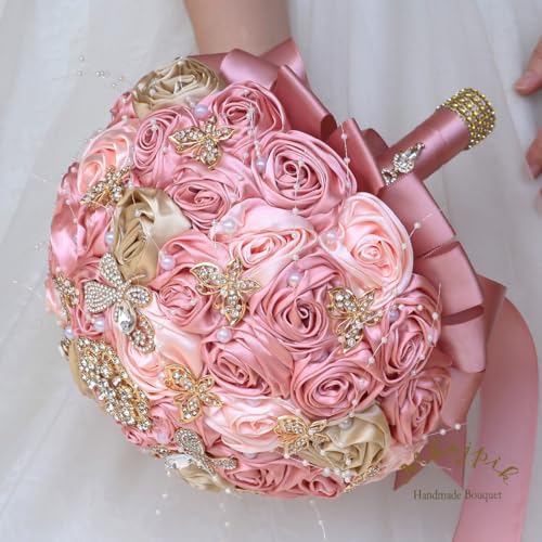 Handmade Wedding Flowers Bouquet Round Holding Bridal Bouquet Artificial Satin Roses Bunch for Bride Bridesmaid Wedding Quinceanera - color: Blush Pink, Light Salmon & Camel Brown, size: Small (Dia. 7.5"/19cm)
