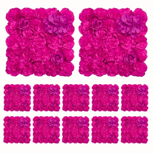 Flower Wall Backdrop 12pcs 16.5x16.5 Inch Floral Wall Panel Artificial Silk Rose Wall Decor Ideal for Wedding Celebrations, Festive Party Backdrops, and Home Decor-Bright Pink - color: Bright Pink, size: 16.5inch