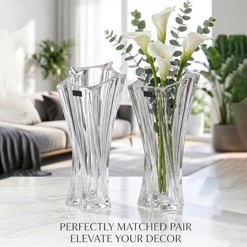 Crystal Glass Vase – Heavy Crystal Vase for Flowers with Weighted Bottom, Thick Durable Decorative Vases for Modern Home Decor, 9.8″ 3.5lb Clear Centerpiece (Clear X 2) - color: Clear X 2
