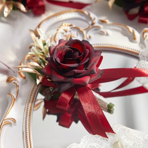 Serwalin Corsage and Boutonniere Set, Burgundy Wrist Corsage for Prom and Boutonniere for Men Wedding Artificial Flowers Rose Flowers for Homecoming Wedding Accessories - color: Burgundy, size: 1 Boutonniere & 1 Wrist Corsage - 2pcs