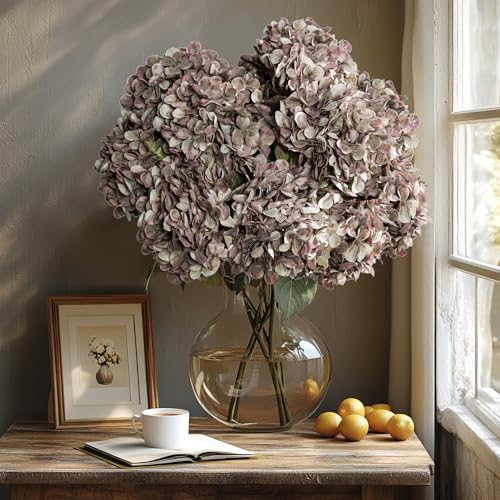 Artificial Flower Fake Silk Hydrangea Heads Bouquet with Stems Bulk for Fall Decoration Table Center Christmas Indoor Outdoor Faux Floral Realistic with Leaves Plants Crafts 8PCS(Brown) - color: Brown