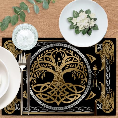 Viking Tree of Life Pagan Placemats Set of 4, Vintage Black Gold Raven Birds Celtic Style Dining Place Mats Table Decor, Retro Nordic Medieval Home Kitchen Decoration 12''x18'' - color: Viking Tree, size: Placemats 12''X18''