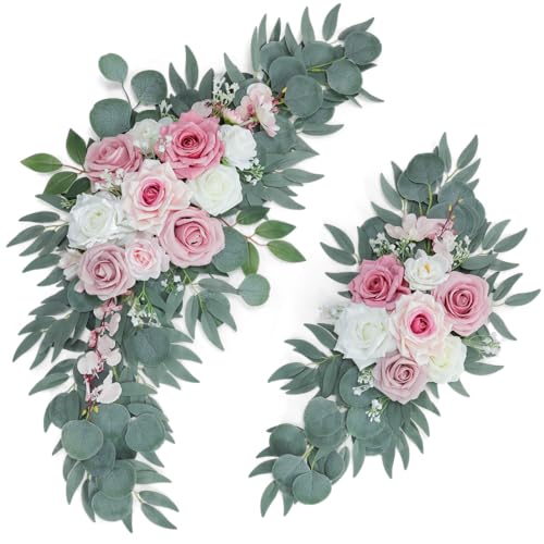 ponatia Artificial Wedding Arch Flowers Set of 2, Dusty Rose Pink & Ivory Floral Swags for Welcome Signs, Ceremony Arches, Reception Backdrops and Wedding Decor - color: Dusty Rose & Pink & Ivory