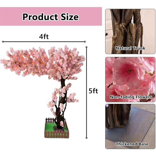 Japanese Artificial Cherry Blossom Trees for Home Decor Indoor Outdoor,Faux Light Pink Cherry Blossom Tree for Office Shopping Mall Hotel Restaurant Garden Party Wedding (5x4ft) - color: Pink, size: 4ft 11in