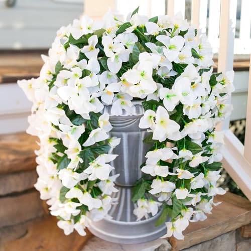 HyeFlora Bougainvillea Artificial Hanging Flowers Plants for Outdoors Decoration, 2pcs White Fake Flowers Silk Bougainvillea Vines Realistic UV Resistant Faux Flowers for Outdoor Planters Patio Yard - color: White