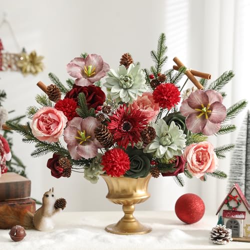 YYHUAWU Artificial Christmas Flowers Combo Box Set Fake Flowers Leaf with Stems for DIY Tree Ornaments Xmas Wreath Floral Arrangements Centerpieces - color: Chrismas Pink＆red