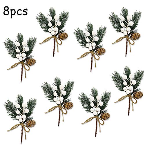Christmas Berry Stems Artificial Pine Cones, 8Pcs Christmas Picks Spray Evergreen Artificial Pine Branches White Holly Spray Winter Holiday Floral Picks Wreath Picks for Xmas Tree Wreath Decor - color: White