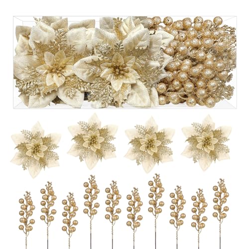 Alupssuc 24 Pieces Christmas Tree Decorations, 12 PCS Gold Poinsettia Flowers Artificial and 12 PCS Glitter Christmas Tree Picks for Christmas Decorations Party Wreath Fireplace Stairs, Gold - color: Gold