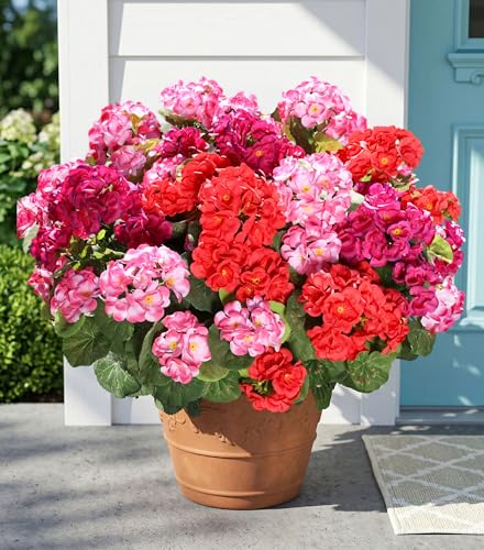 Fake Geraniums Artificial Flowers for Outdoors, 6 Bundles Silk Geraniums Flowers Realistic UV Resistant Fake Plants Faux Flowers for Outside Planters Front Door Garden Balcony Yard Porch Indoor, Mix - color: 2 Red, 2 Fuchsia, 2 Pink