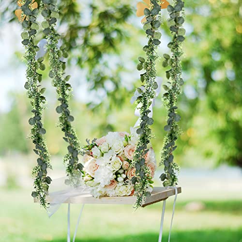 2 Pack 6 ft Artificial Eucalyptus Garland with Lights Spring Summer Green Faux Garlands Fake Eucalyptus Greenery Leave Vine Garland for Wedding Party Indoor Outdoor Home Table Fireplace Mantel Decor