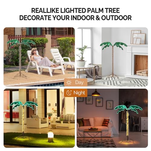 VINGLI 4FT Lighted Palm Tree Christmas Tree, Outdoor for Outside Patio Pool Yard Holiday Decor, Artificial Light up with Lifelike Leaves and Rope LEDs - size: 4ft