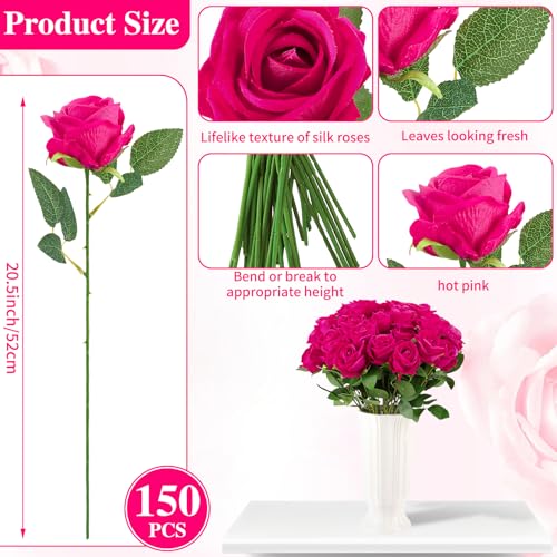 150 Pcs Roses Artificial Flowers, Silk Hot Pink Artificial Flowers Petals Long Stem Roses for Wedding Bouquet Home Party Decor - color: Hot Pink