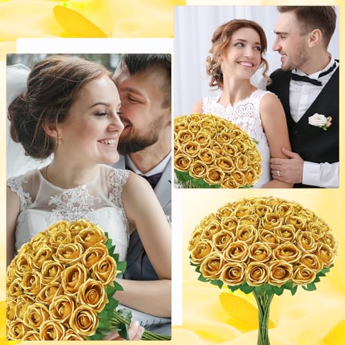72 Pcs Artificial Roses Gold Fake Silk Roses Realistic Roses Faux Flower Indoor Wedding Home Decor, Birthday Decorations - color: Gold