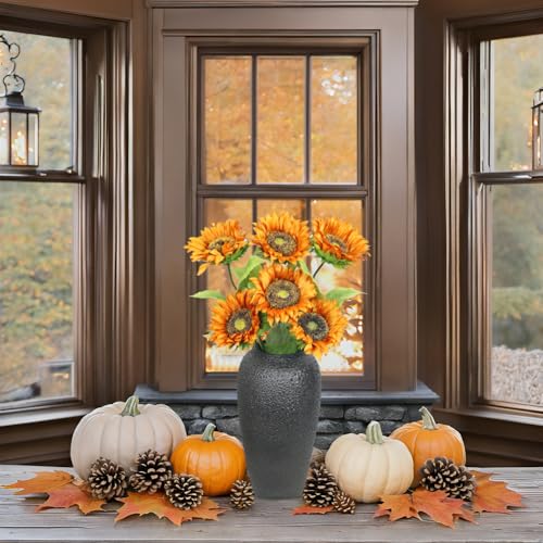 Olrla Artificial Sunflower Single Long Stem,6pcs Orange Silk Sunflowers for Flora Arrangements, Spring Decor, Home Office Table Centerpiece (NO VASE) - color: Orange Long Stem