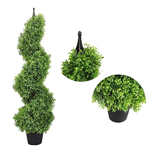 momoplant 35 Inch-3FT Artificial Boxwood Topiary Tree Spiral Plants Spiral Tree Fake Faux Plant Decor in Plastic Pot Green Indoor or Outdoor, Set of 2 - size: 36in