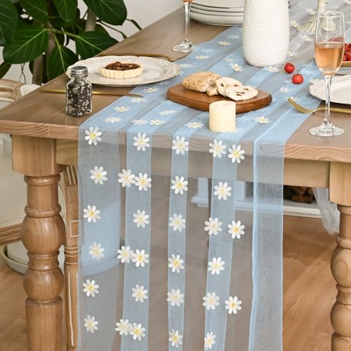 Artoid Mode Sky Blue Daisy Gauze Embroidery Table Runner 120 Inch 10FT, Tulle Seasonal Spring Kitchen Dining Holiday Table Decor for Home Party - color: Sky Blue