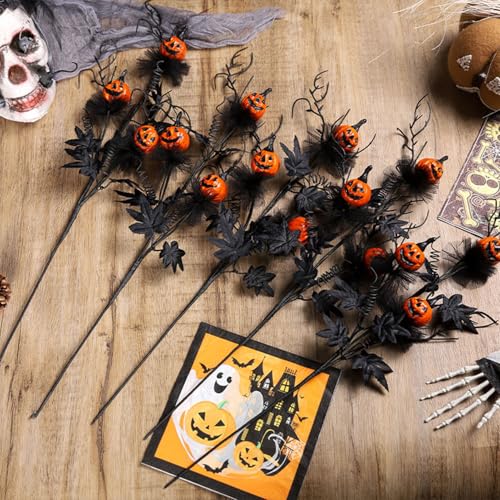 5Pcs Halloween Decor Flowers Picks, Gothic Artificial Branches with Pumpkin Maple Leaf Floral Stems for Vase, Halloween Decorations for Home Indoor Party