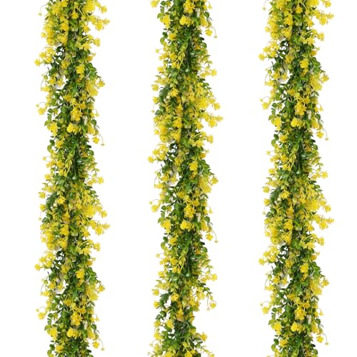 RECUTMS 3Pcs Hanging Garland Plants Artificial Eucalyptus Garland Fake Hanging Eucalyptus Leaf Garlands with Flowers Faux Vine Plants for Indoor Outdoor Spring Home Wall Arch Wedding Decor(Yellow) - color: Yellow