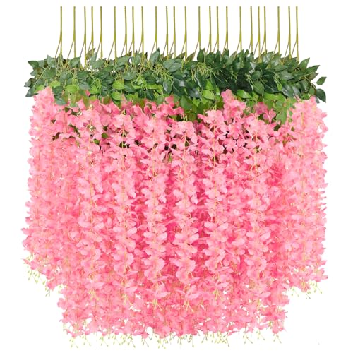 U'Artlines 24 Pack (Total 86.4 Feet) Artificial Fake Wisteria Vine Rattan Hanging Garland Silk Flowers String Home Party Wedding Decor (24, Fuchsia) - color: Fuchsia