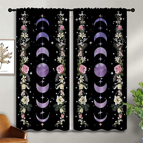 Purple Boho Floral Wildflower Rod Pocket Blackout Curtains for Teen Bedroom,Moon Phase Moonlit Garden Witchy Gothic Aesthetic Thermal Insulated Home Window Drapes for Living Room Darkening,42x45in - color: Purple Boho Floral Wildflower-008, size: 42"W x 4
