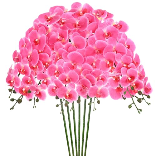 M METERXITY 6-Pack Artificial Orchid Flowers 9 Large Petals 37 Inch Faux Phalaenopsis Silk Bouquets Real Touch Rose Red Fake Orchids for Home/Wedding/Christmas/Party/Garden Office - color: Rose Red