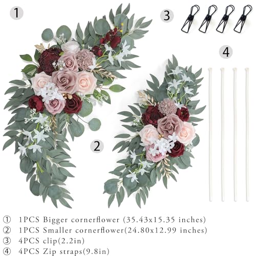 Ponatia Wedding Arch - Artificial Burgundy & Dusty Rose & Blush Flowers (Pack of 2) for Wedding Welcome Signs, Ceremony & Reception - color: Burgundy & Dusty Rose & Blush