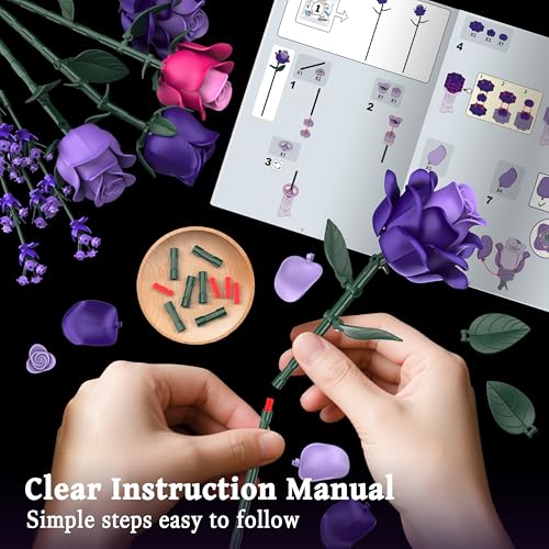 Purple Roses Flower Bouquet Building Sets, 834PCS Artificial Flowers Botanical Collection Compatible with Lego Flowers for Adults Gothic Decor, Valentines Day Gifts for Women Her Wife Girlfriend Mom