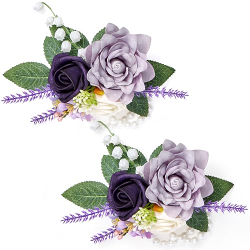 Rose Purple Wrist Corsage for Wedding Prom, Handmade Artificial Flower Corsage Bracelets for Bride,Bridesmaid,Mother,Porm Corsage for Homecoming,Party Anniversary(Set of 2) - color: Purple, size: 2 Wrist Corsages
