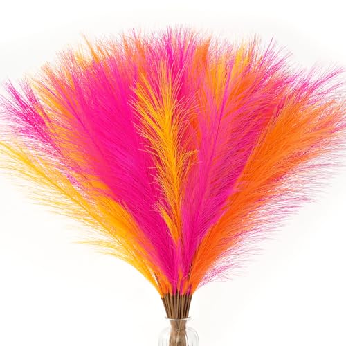 Serwalin 60PCS Pampas Grass Home Decor, 17.7Inch Hot Pink＆Orange＆Yellow Faux Pampas Grass Bulk Vase Filler Flower Arrangement for Home Wedding Decor - color: K Hot Pink＆orange＆yellow