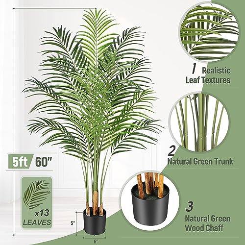5ft Artificial Palm Tree Indoor Plant Tall Fake Tropical Paradise Palm Tree in Pot with Real Bark Design Faux Areca Palm Tree for Home Office Living Room Bedroom Farmhouse Modern Decor 1pcs - size: 5ft