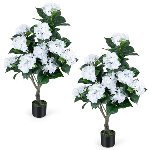 Goplus Artificial Hydrangea Tree, 2 Pack Fake Floral Plant w/11 White Flowers & Realistic Trunk in Plastic Nursery Pot, Indoor Silk Flower Tree for Home Office Living Room Housewarming Gift (White) - color: White