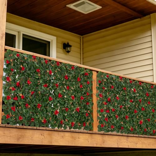 Expandable Fence Privacy Screen with Artificial Flower, Greenery Expandable Stretchable Covers Panel Privacy Fence for Balcony Patio Garden, Single Sided Leaves (Red Geranium, 4 Pack) - color: Red Geranium, size: 4 Pack