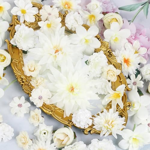 LACGO 48 PCS Faux Flowers Heads Bulk - Artificial Rose Daisy Heads Silk Fake Flower DIY Cake Blossom Wreath Garland Bouquets for Graduation Wedding Crafts Bridal Party Baby Shower Decoration(White) - color: White