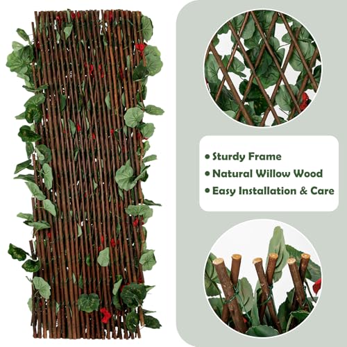 Expandable Fence Privacy Screen with Artificial Flower, Greenery Expandable Stretchable Covers Panel Privacy Fence for Balcony Patio Garden, Single Sided Leaves (Red Geranium, 4 Pack) - color: Red Geranium, size: 4 Pack